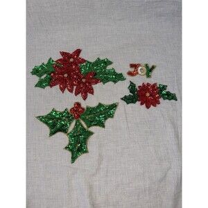 Lot Of 4 Vintage Christmas Sequence Appliqué Patches Poinsettias jOY Mistletoe